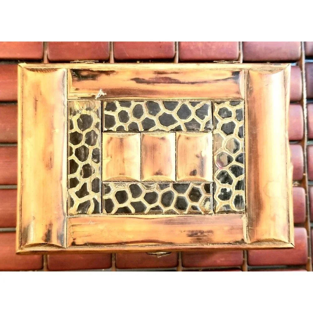 Vintage Bamboo & Wooden Jewelry Box With Brass Hardware Felt Lined